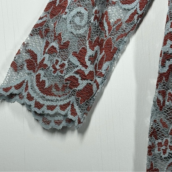 GANNI Lace Blouse Top Women's 40 US 8/10 M Teal Rust Floral Sheer Long‎ Sleeve - Picture 5 of 8